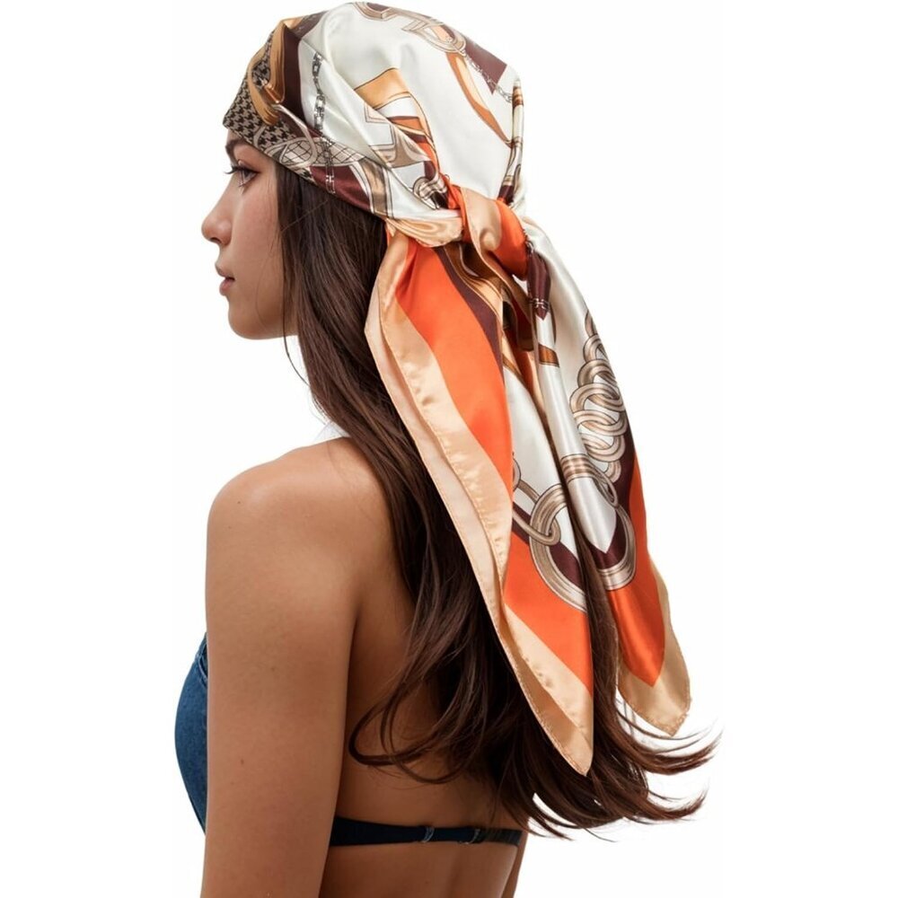 Women's Camel/Orange Head Scarf Like Silk Printed Square Hair Bandanas 35 Inches